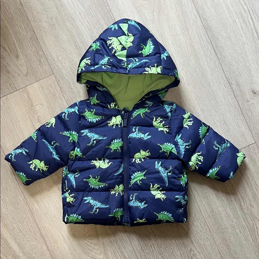 NWOT Old Navy Blue Dinosaur Winter Snow Puffer Zip Up Jacket Size 0-3 Months